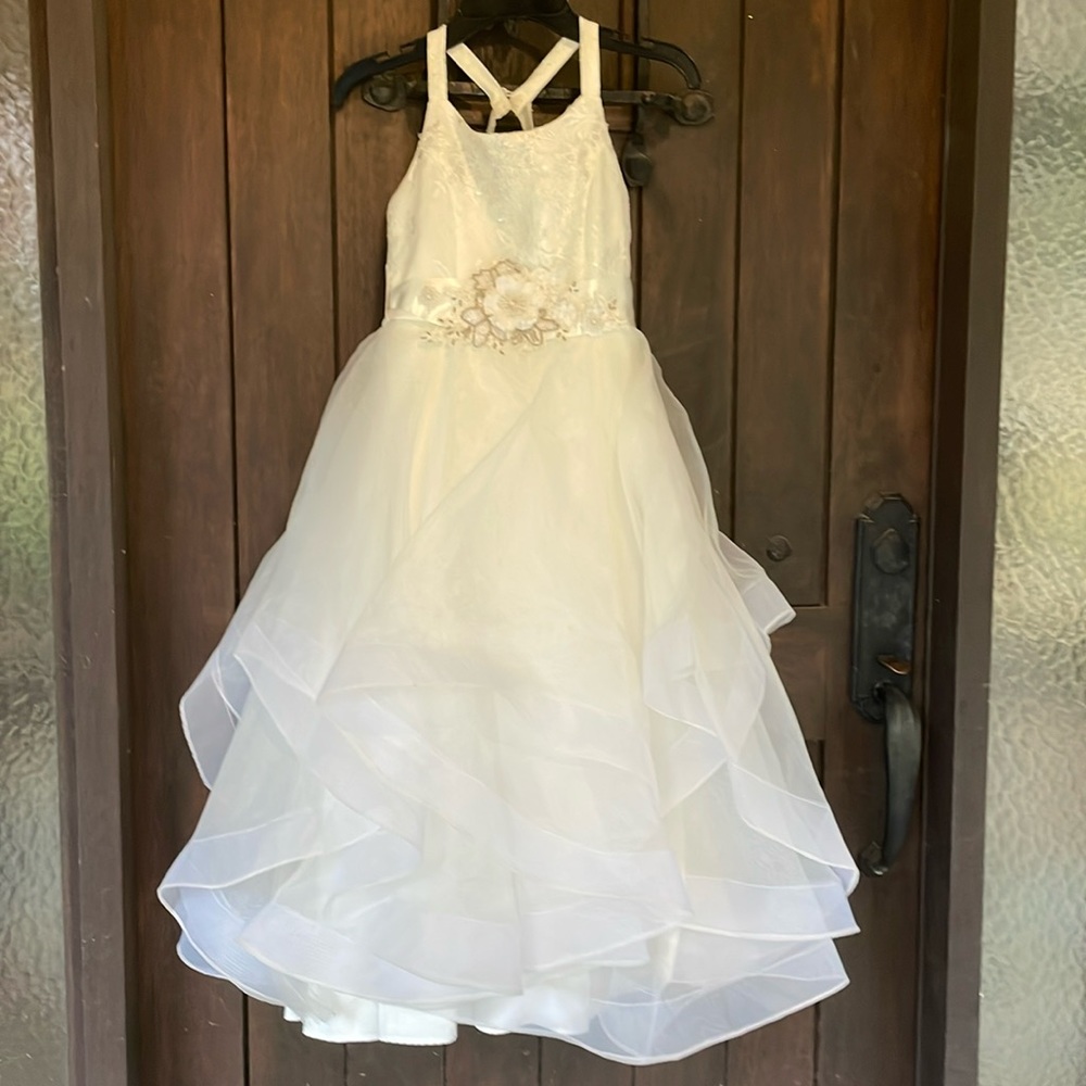Chantilly Place Satin Mesh Cascading White Gown Size 7